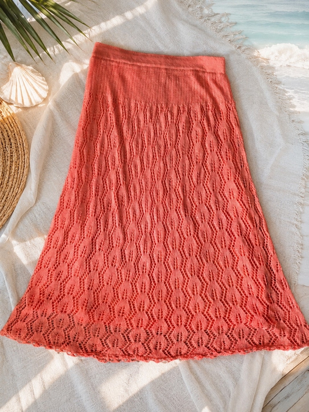 à la carte Coral Pink Crochet Knit Maxi Skirt Boho Open Stitch Chevron Size M
